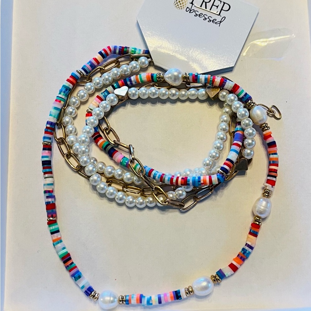 Fun Triple Strand Necklace of polymer clay stack beads, gold link and pearls